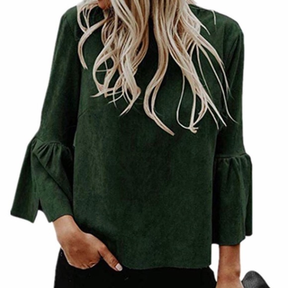 Tops - Green Faux Suede Bell Sleeve Blouse